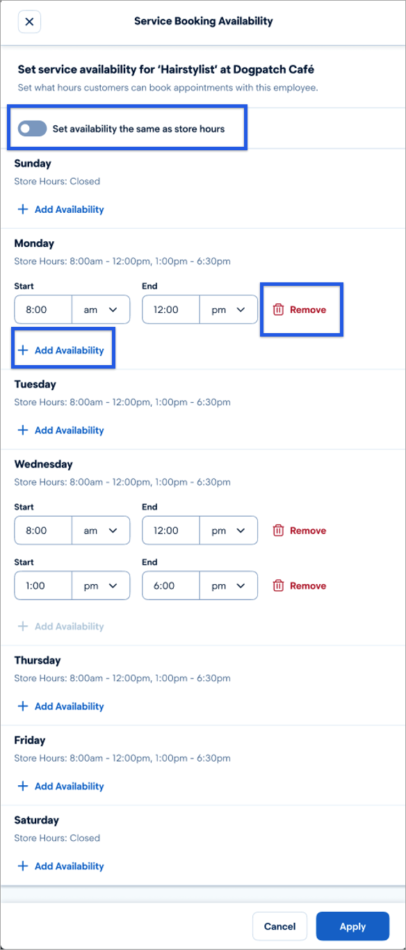 Service booking availability settings.