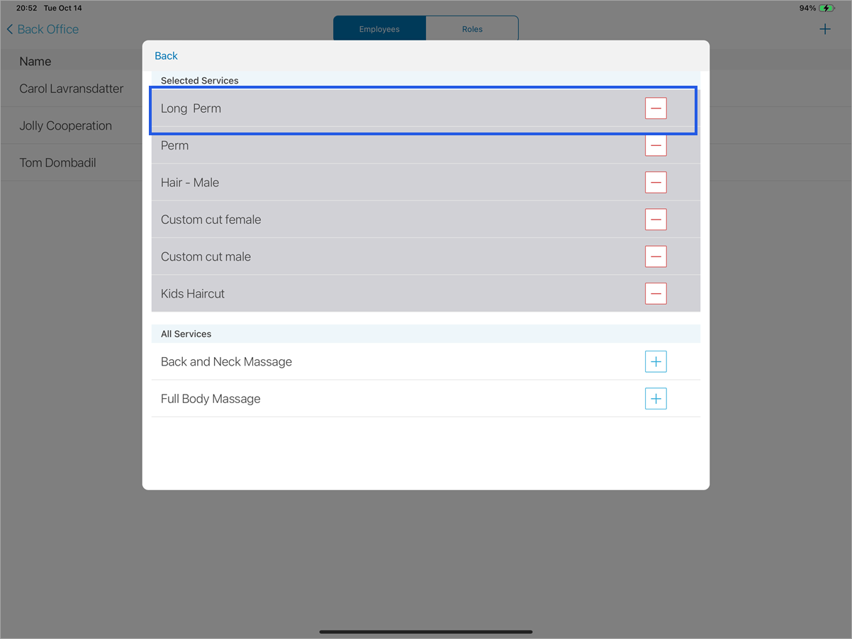Employee role edit menu on talech Register with services assigned to the employee