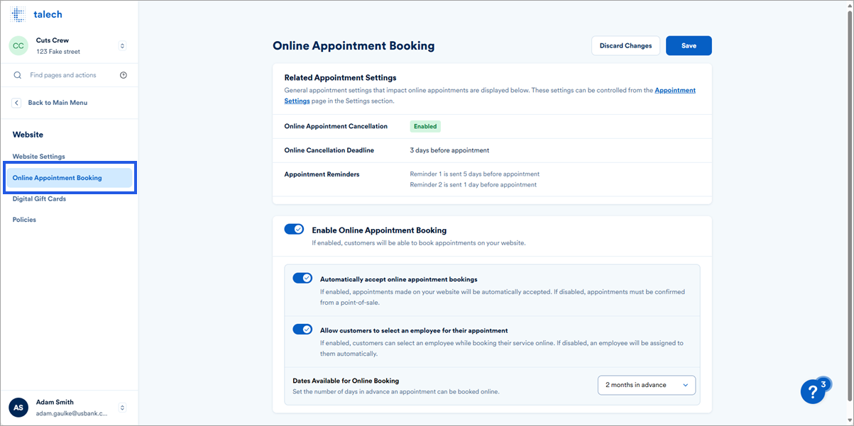 Online appointment booking settings from talech.com