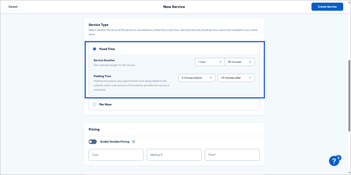 Service product edit menu on talech.com showing the fixed time options