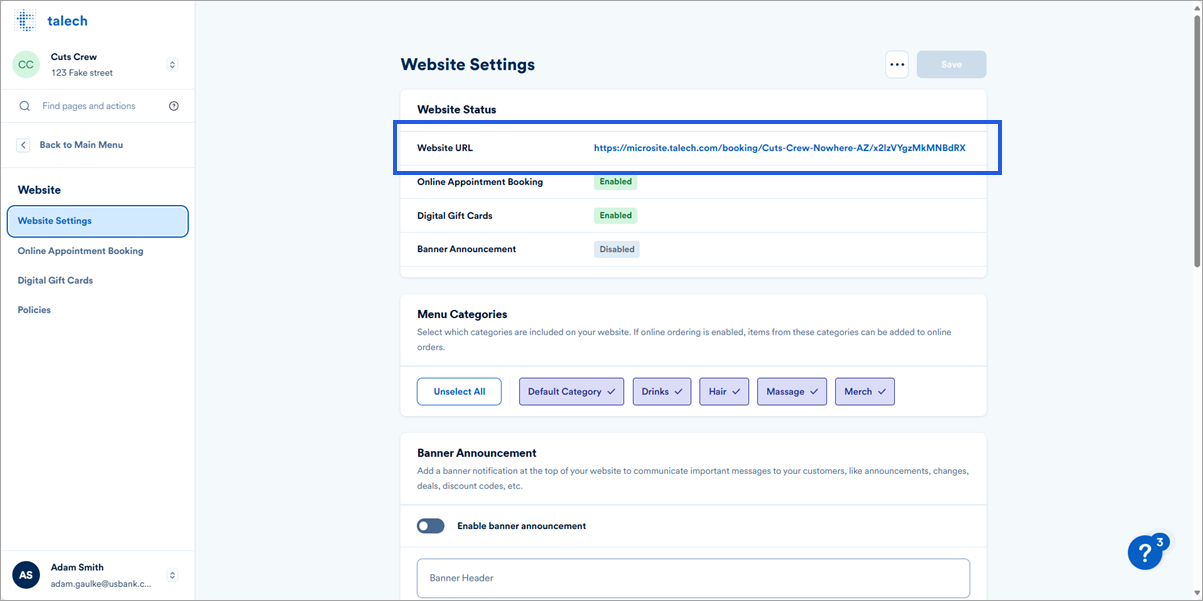 Website settings showing the URL for the website