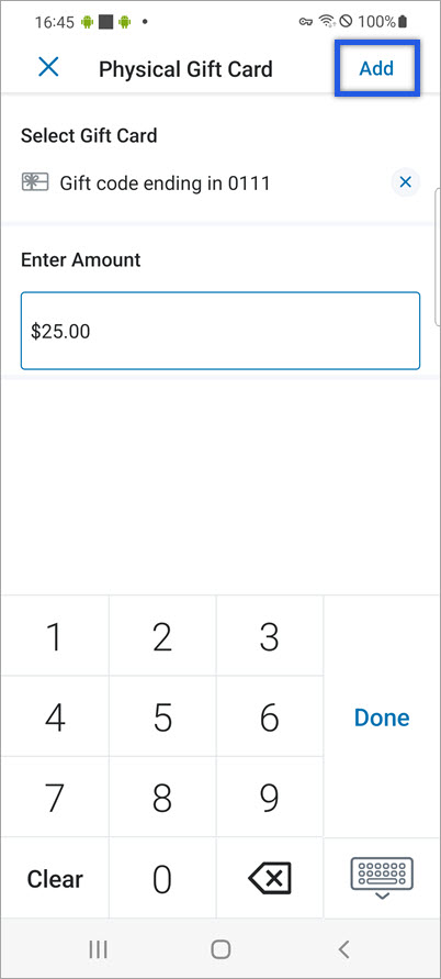 physical gift card amount being added.