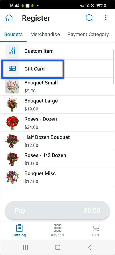 register with gift card product highlighted.