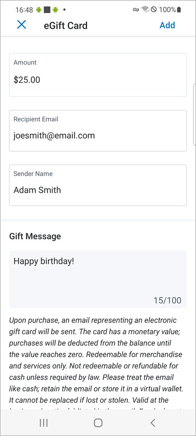 egift card product menu with email and message filled out.