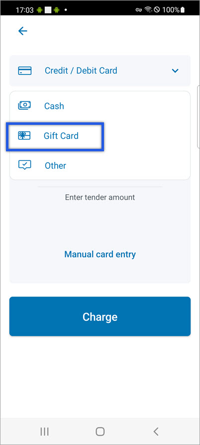 gift card selected as payment type.
