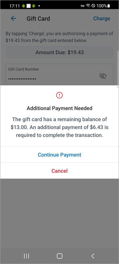 continue payment screen.