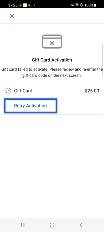 gift card activation failed screen.