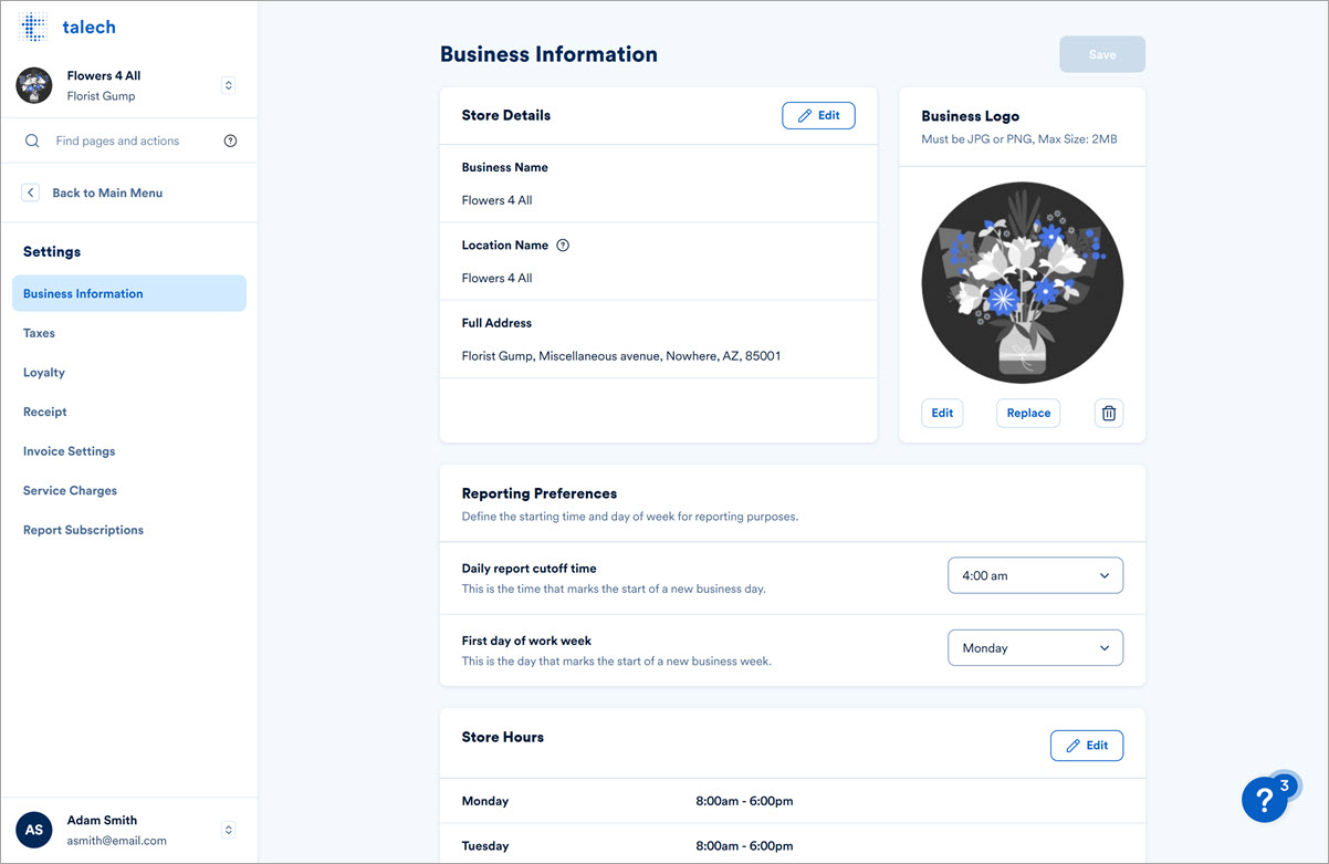 business information settings.