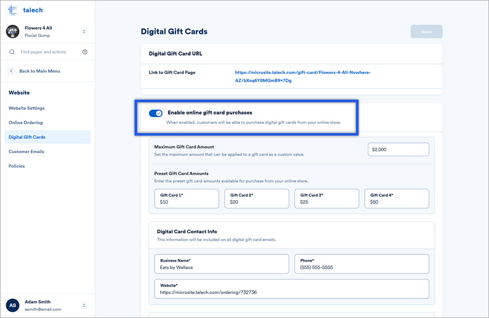 digital gift cards settings.