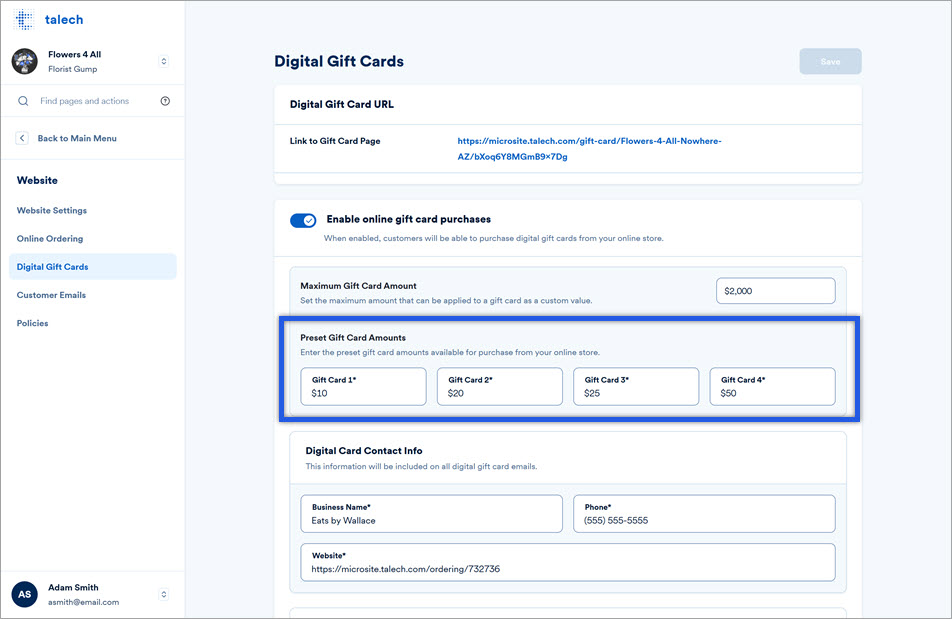 digital gift card settings amount options.
