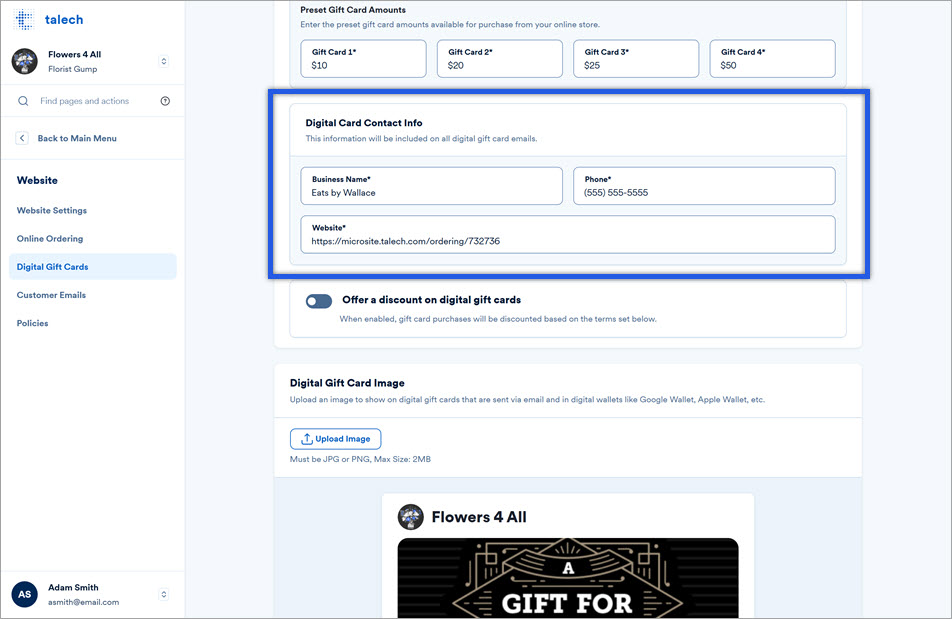 digital gift cards settings contact info section.