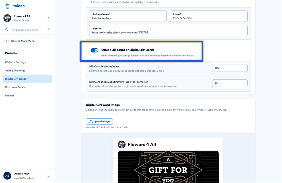 digital gift card settings for discount codes.