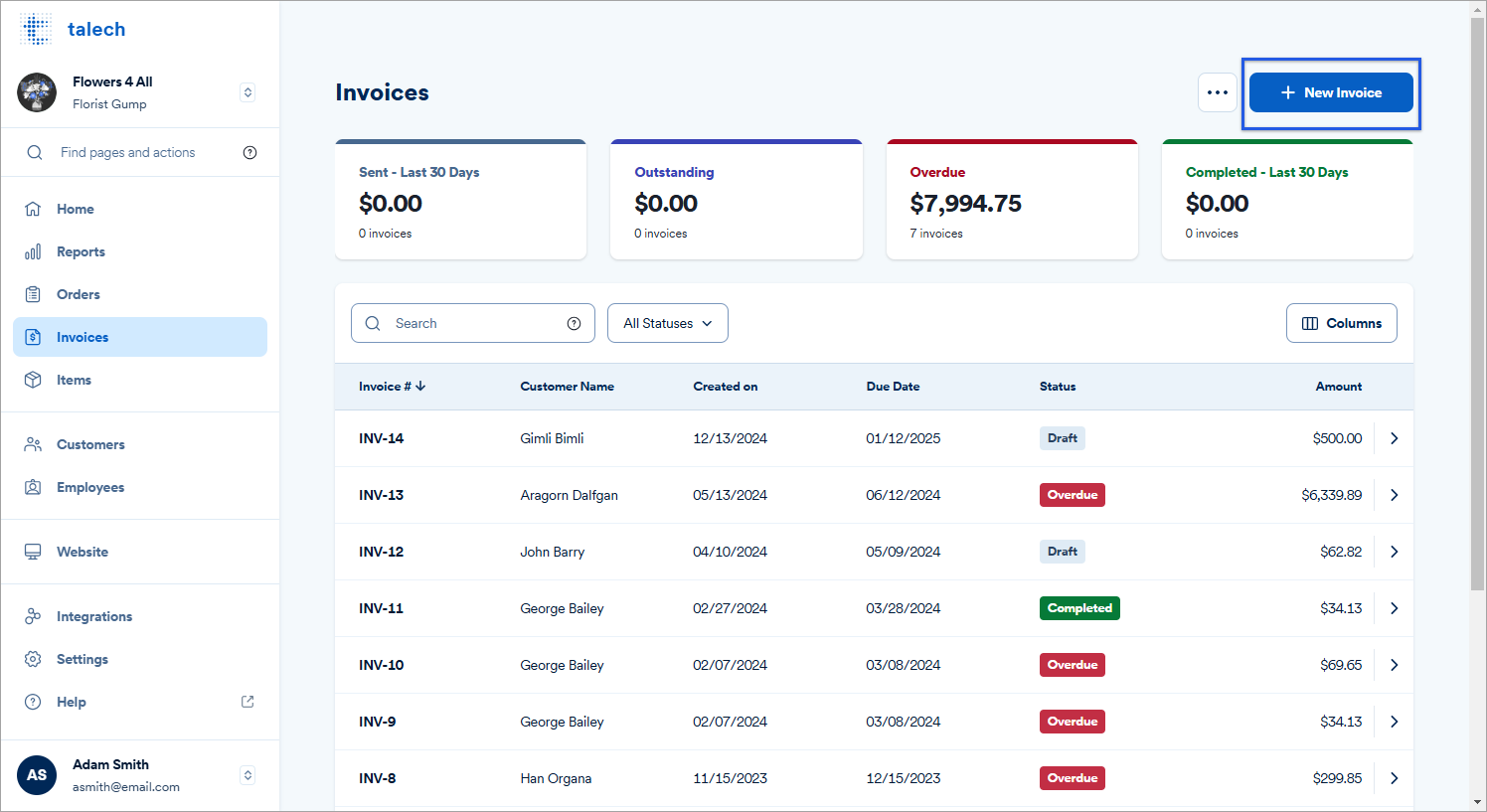 Invoices dashboard with new invoice button highlighted.