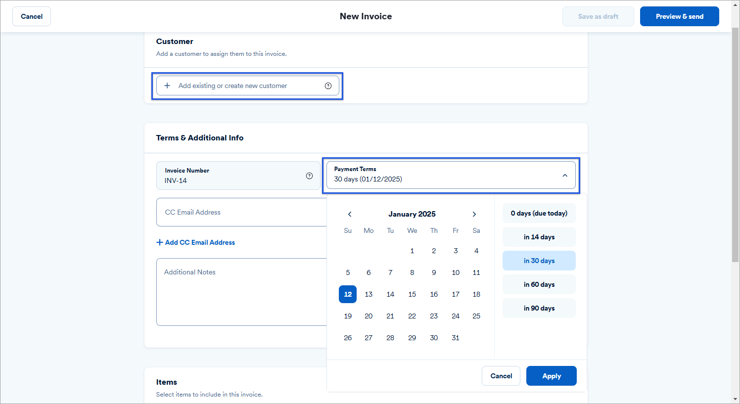 customer and details section of new invoice.