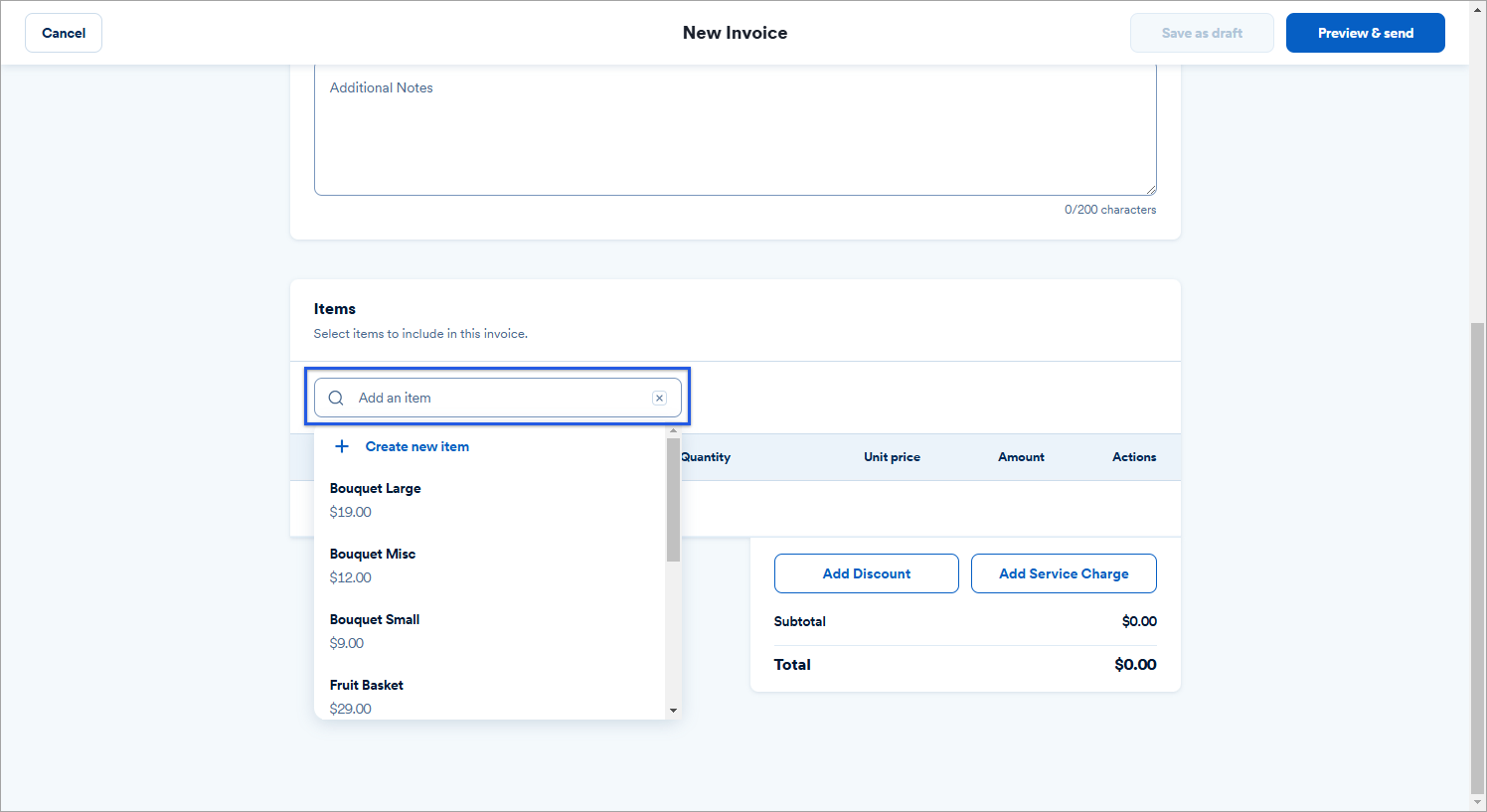 New invoice menu showing items being added.