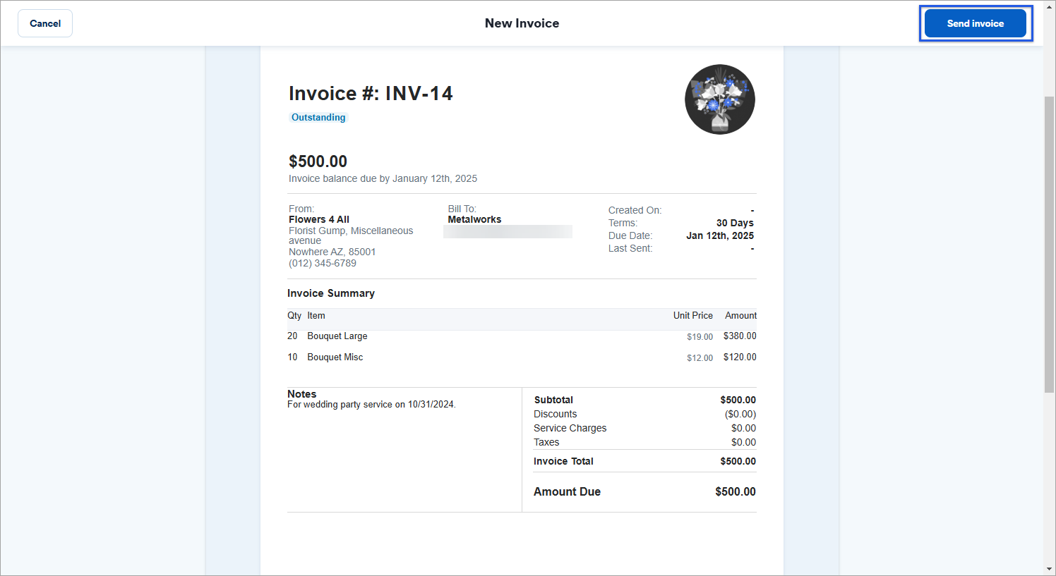 Invoice preview screen.