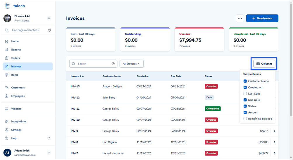 Invoices dashboard with columns button highlighted.