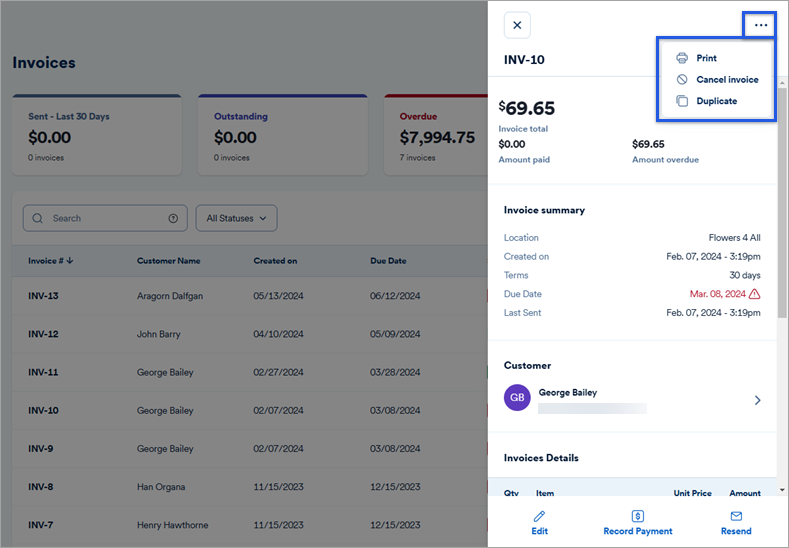 Invoice details pane with bottom options highlighted.