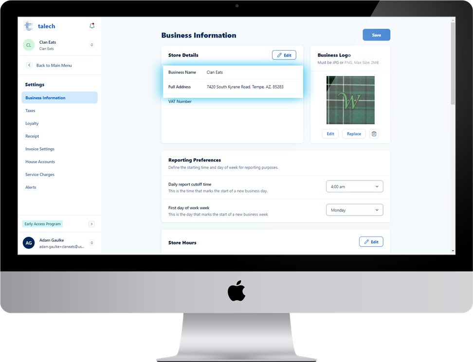 business information section with name and address fields highlighted.