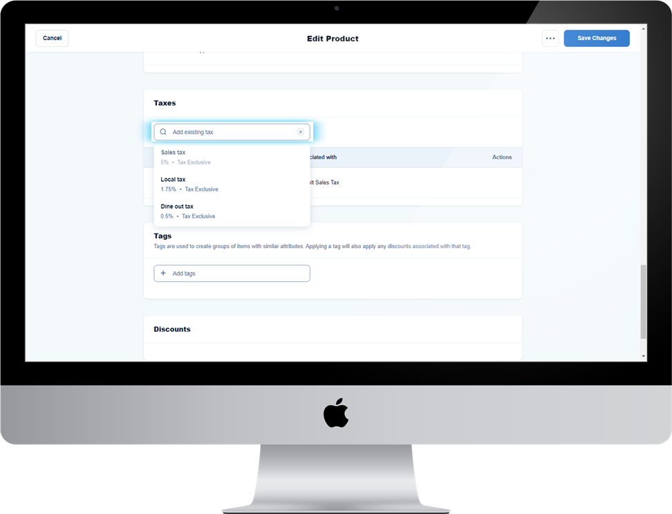 taxes settings with the search field highlighted.
