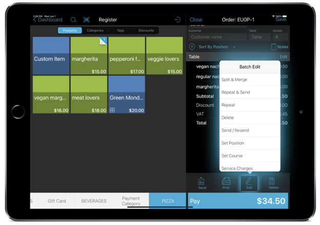 talech app register screen with edit order menu populated