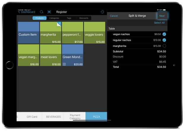 talech app register screen with order split and merge options populated and next button highlighted