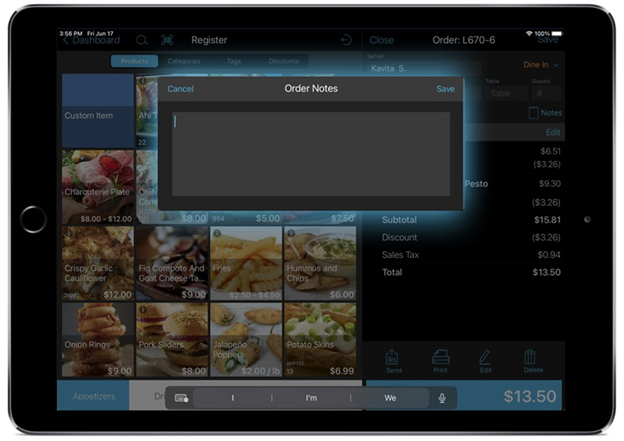 talech register app screen and open order in the background with order notes text box overlay