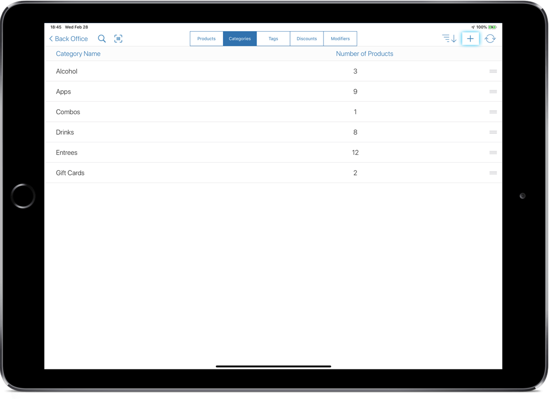 Smart device showing categories menu with add button highlighted.