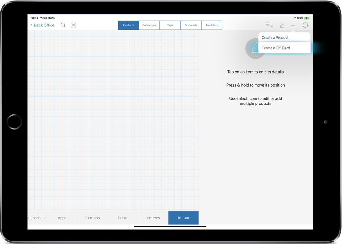 Smart device showing the create new button selected and create a gift card highlighted.