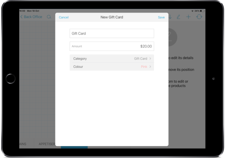 A smart device screen showing the new gift card widget in register.