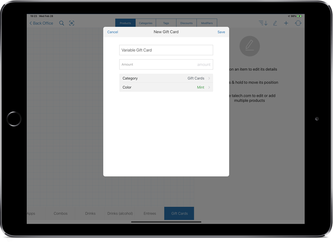 Smart device showing the create new gift card menu with no amount set.