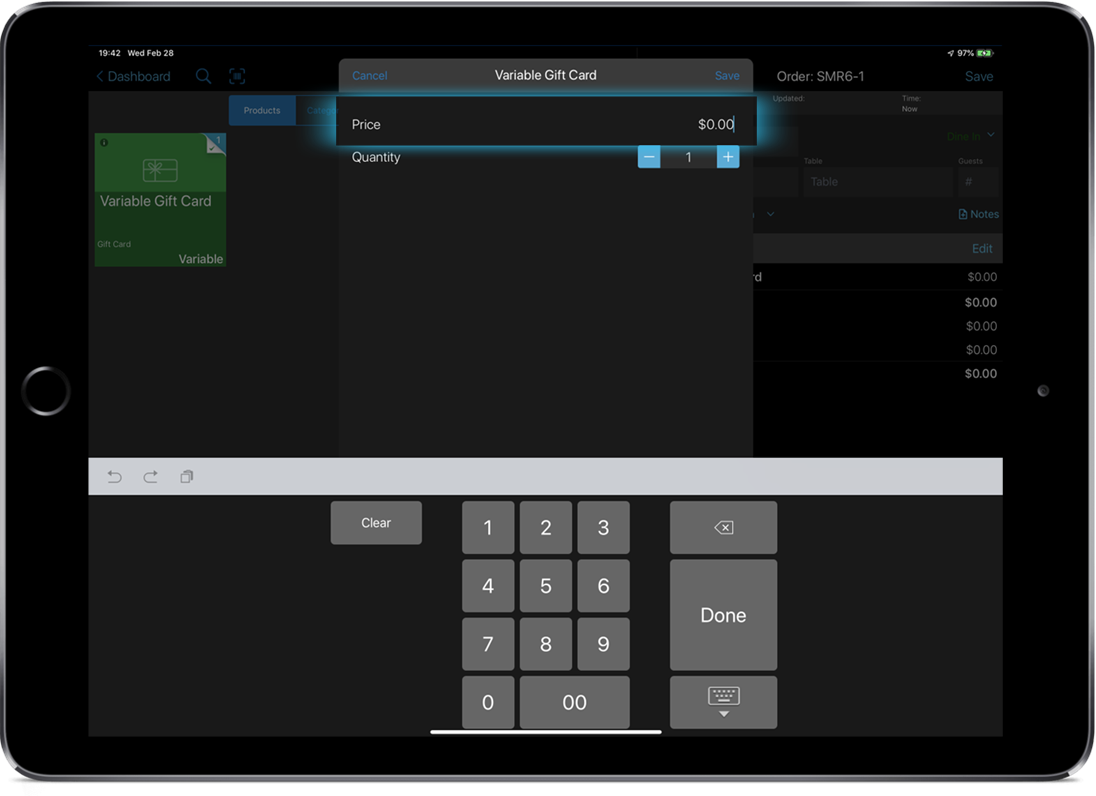 Smart device showing an open order with the variable gift card product menu open.