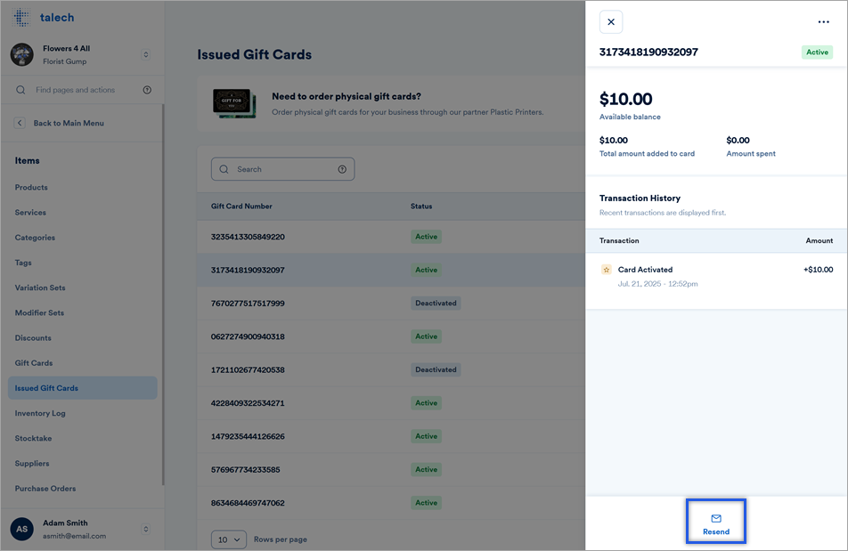 details of an issued gift card.