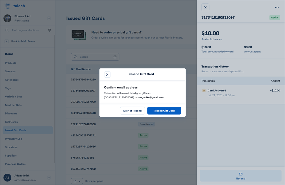 resend gift card pop-up message.