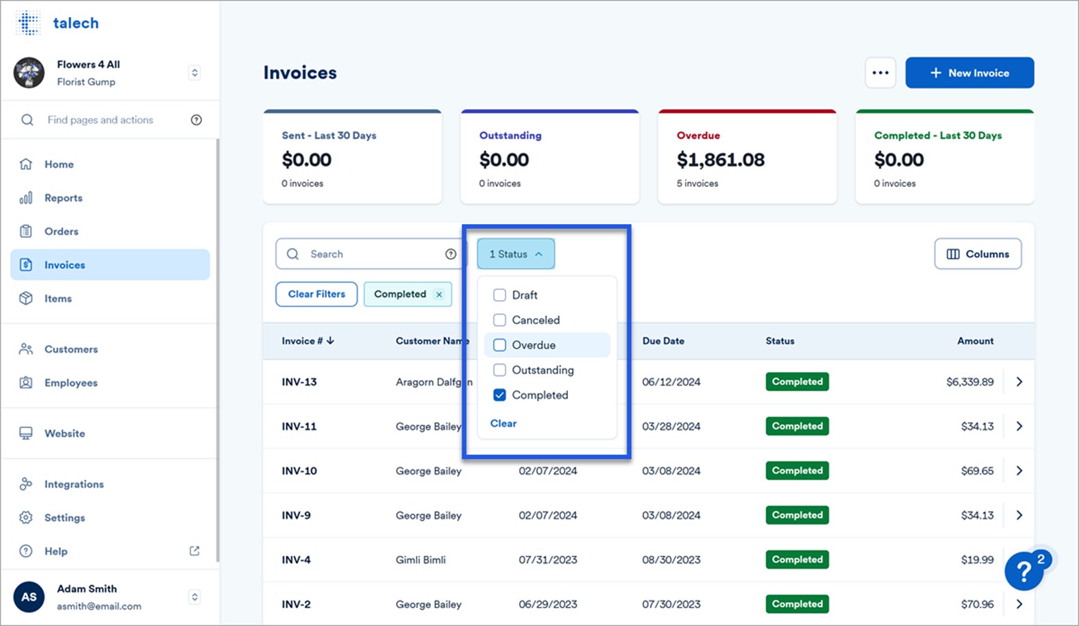 Invoices dashboard on the web.