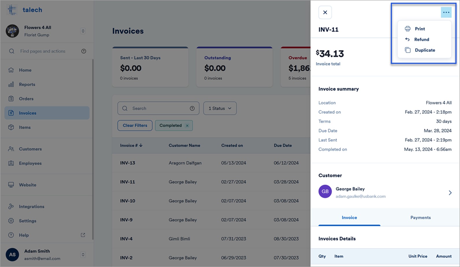 Invoice details with ellipsis menu showing refund option.