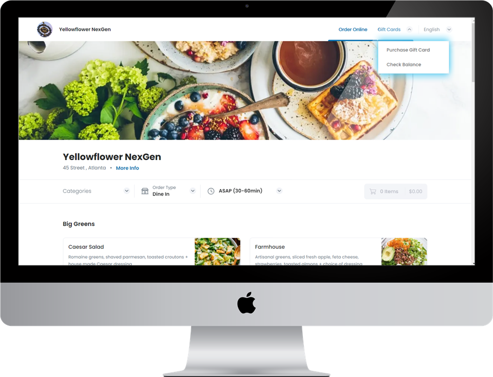 The gift card menu on a merchant website.