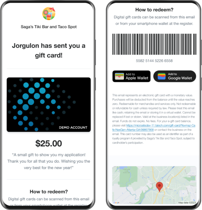 Two smartphones showing the digital gift card email.