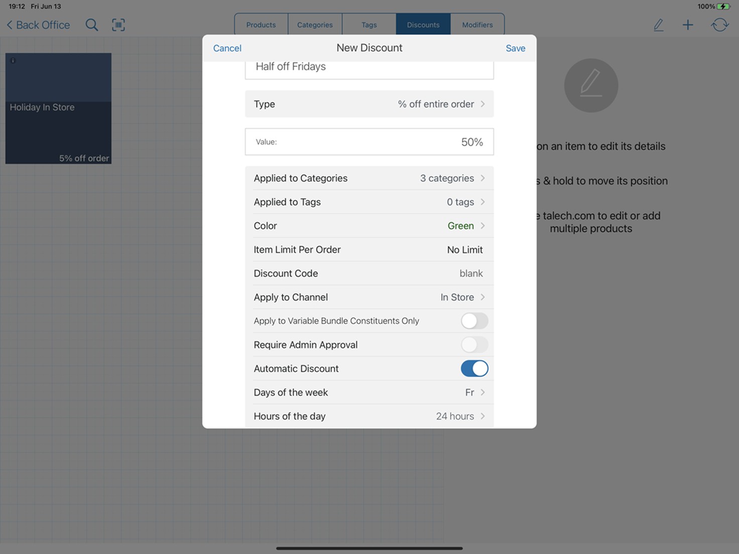 talech app new discount edit screen title field filled and automatic discount option selected