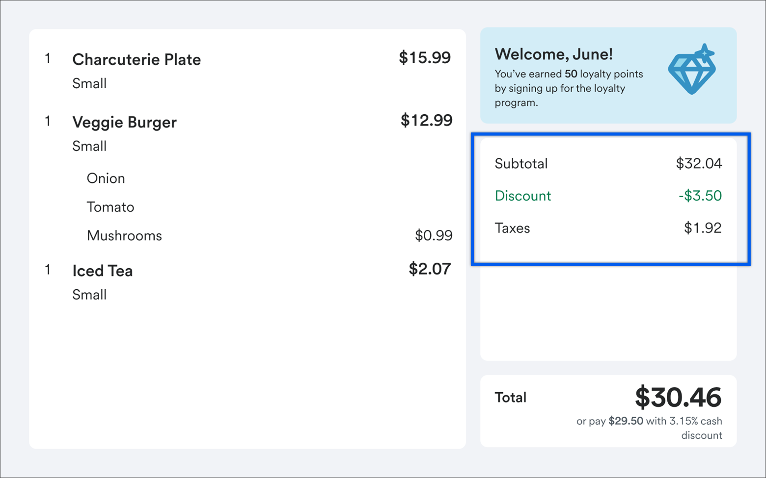 transaction details on customer facing display showing discount applied