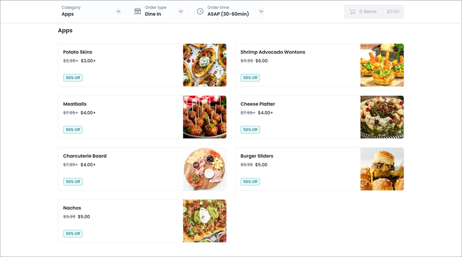 Online ordering menu showing discounted prices