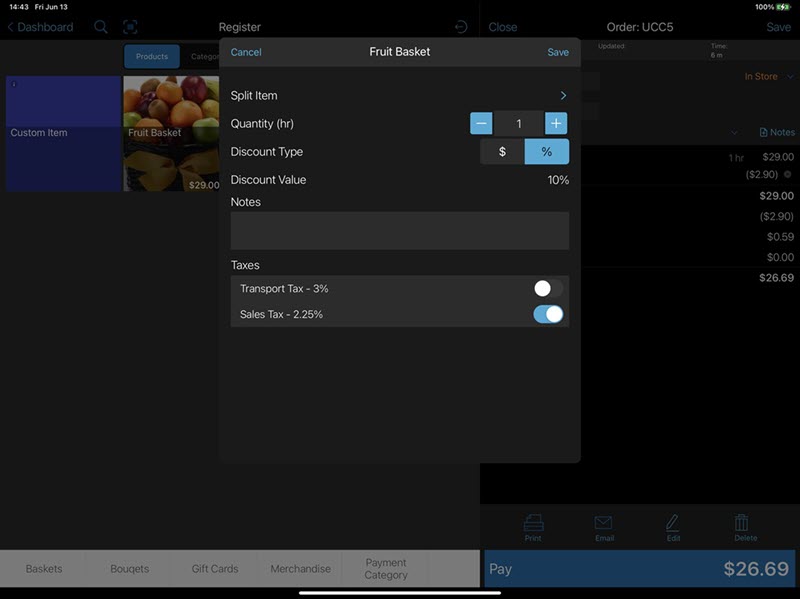 talech app item edit screen with discount options for type value and notes