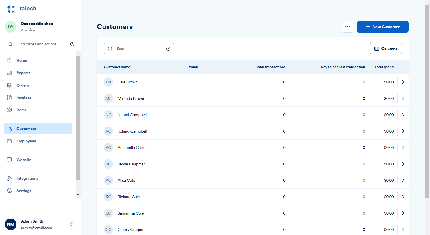 Customer dashboard showing list of customers in table format.