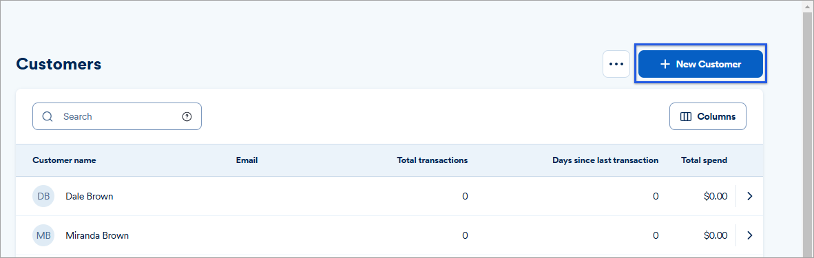 New customer button highlighted on the customers dashboard.