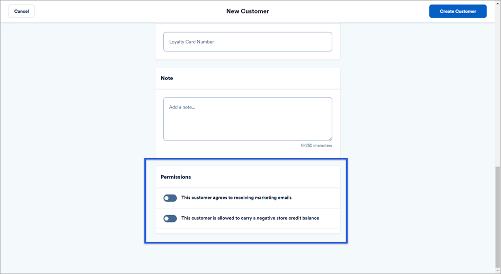 New customer menu highlighting the permissions section.