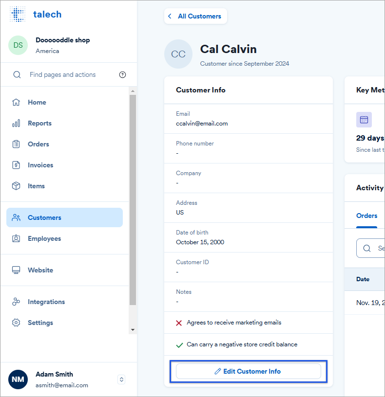 Customer profile showing the customer info section.