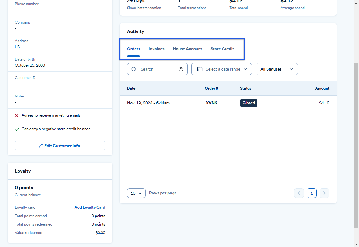 Customer profile showing the activity section.