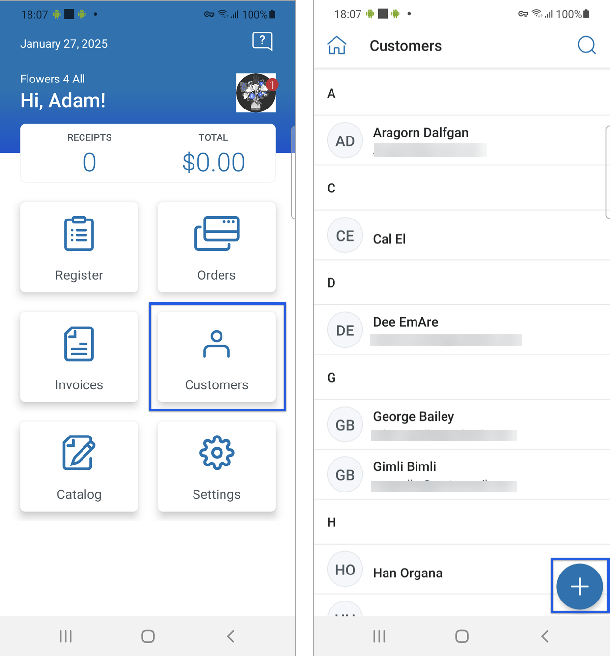 Home screen with customers icon highlighted and customers dashboard with new button highlighted.