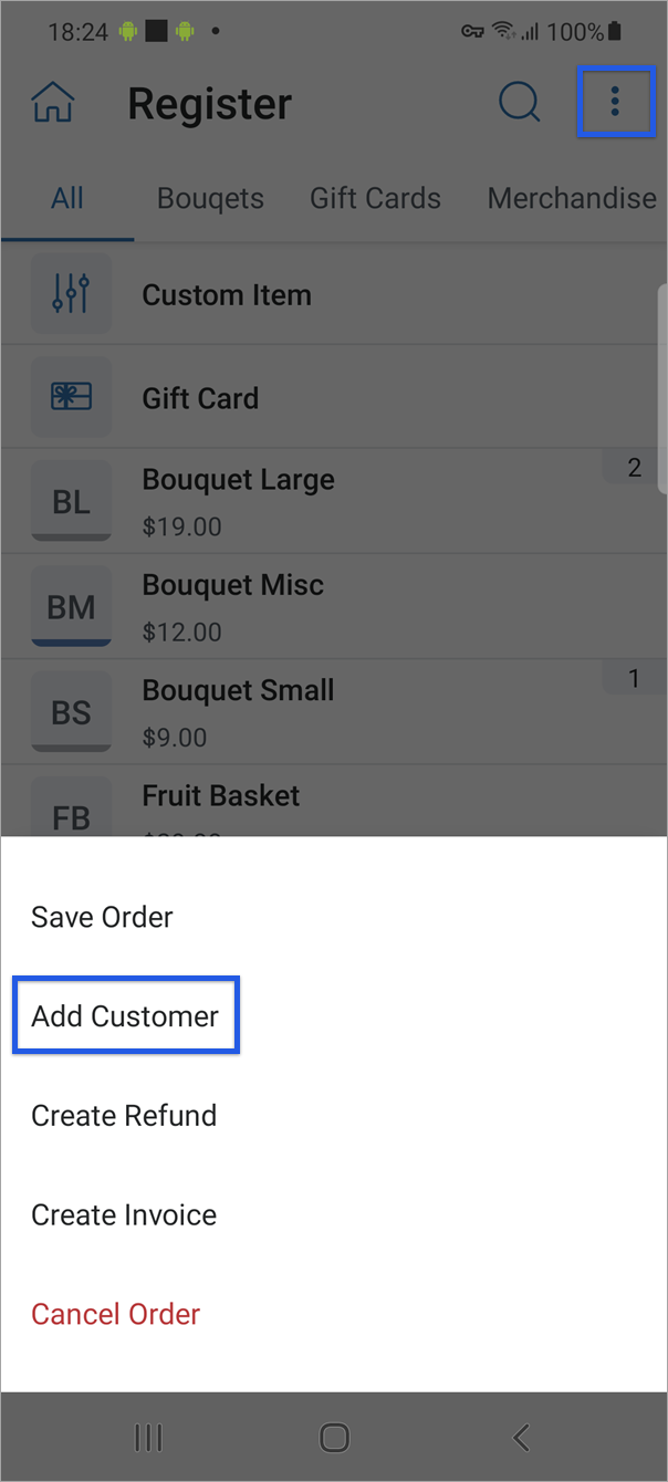 Open order with order options menu showing and add customer option highlighted.