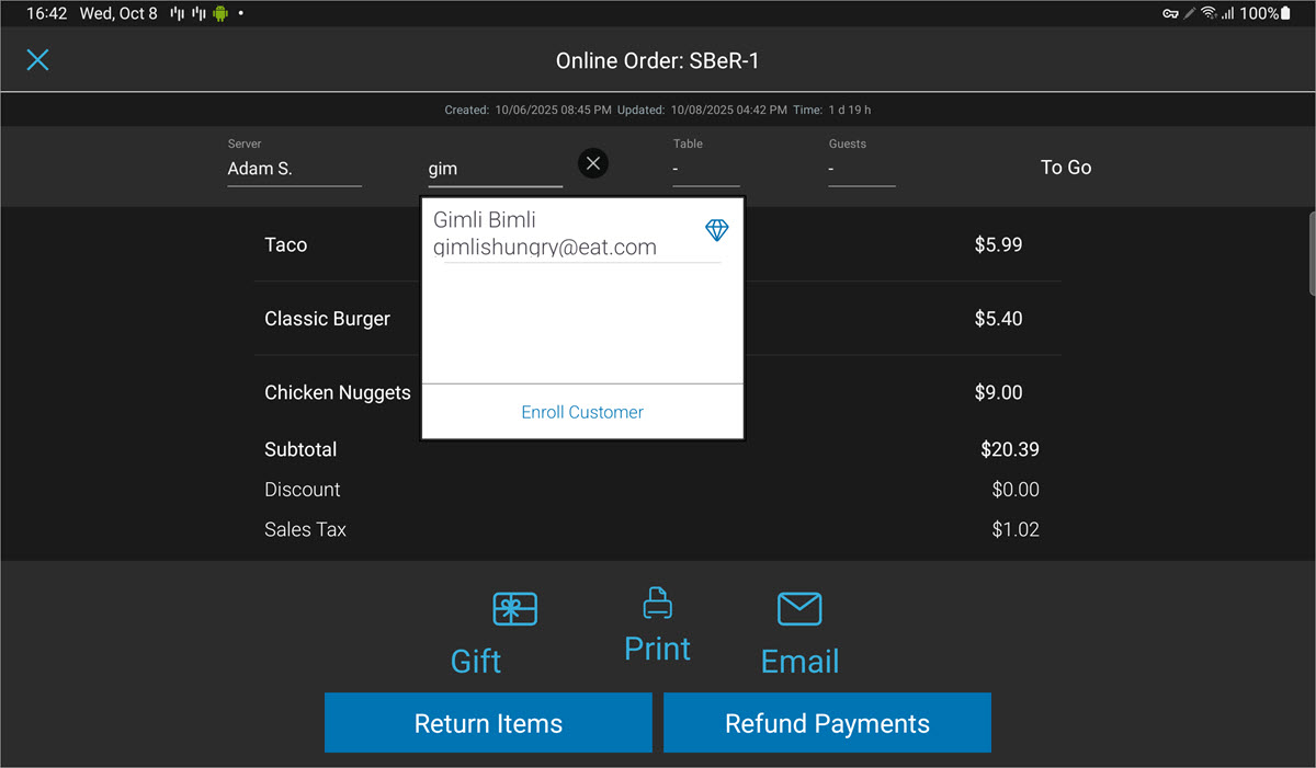 Closed order screen with add new or existing customer option highlighted